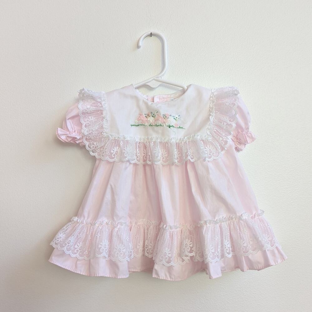 Vtg Peaches N Cream Pink 6-9m Dress Frilly Lamb Spring Baby